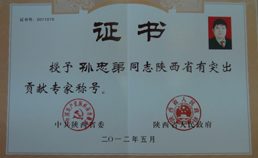 孙忠弟获中共陕西省委、陕西省人民政府“陕西省有突出贡献专家”命名表彰
